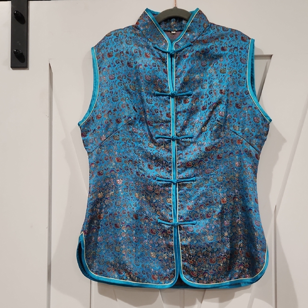 Kimono Blue Embellished Sleeveless Blouse with Mandarin Collar Japanese Tunic